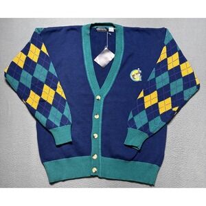 Vintage Context Cardigan Sweater Mens Sz L Blue Argyle Knit Boxy Grandpa Preppy‎